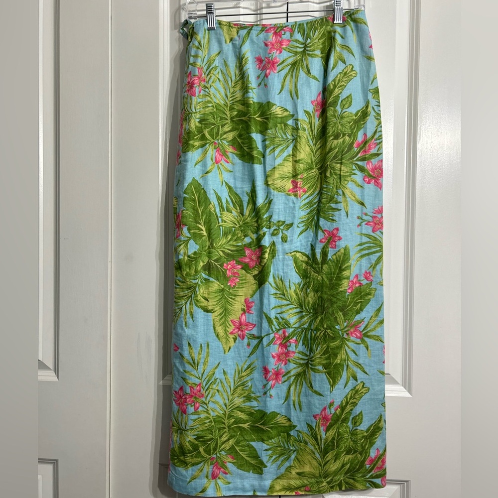 Vinatage Jones New York Floral Tropical Print Wrap Maxi Linen Skirt Size 4 - Picture 2 of 11